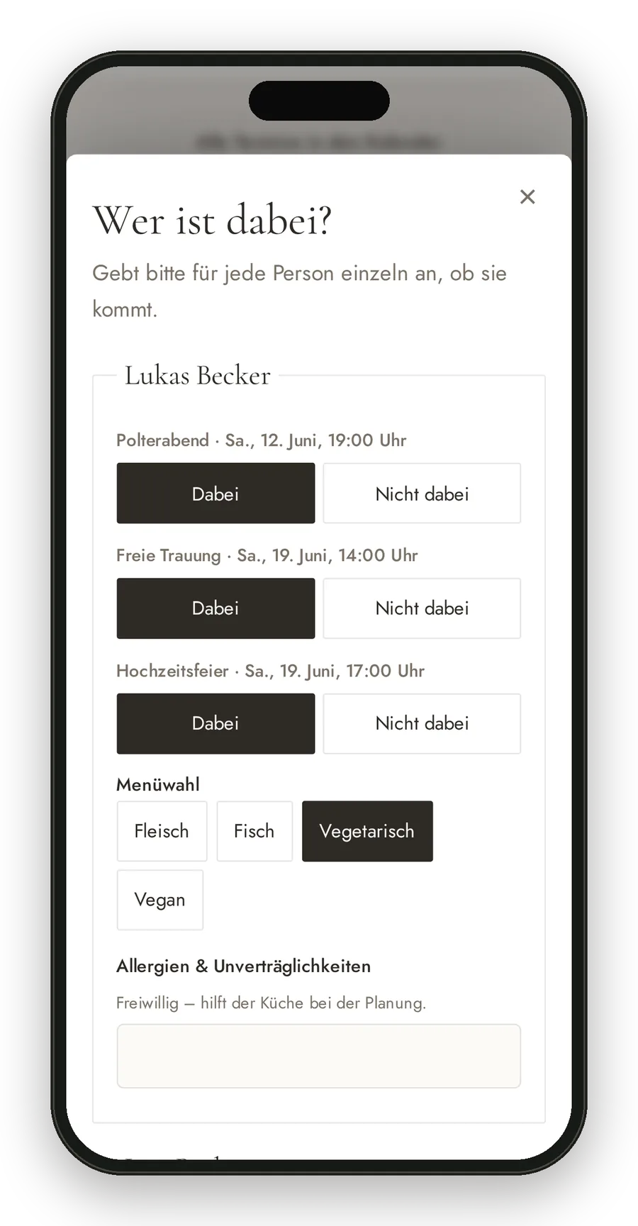 Online-Zusage pro Person mit Menüwahl auf dem Handy